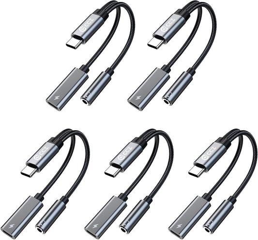 5PCS USB C Splitter for KZ ZS10 PRO, CCZ CA01 USB C to 3.5mm Audio Headphone and Charger Adapter, Type C Headphone Splitter 1 in 2 Out, Dongle Audio Cable DAC for Samsung Galaxy S25/S24 (USBC-3.5MM)
