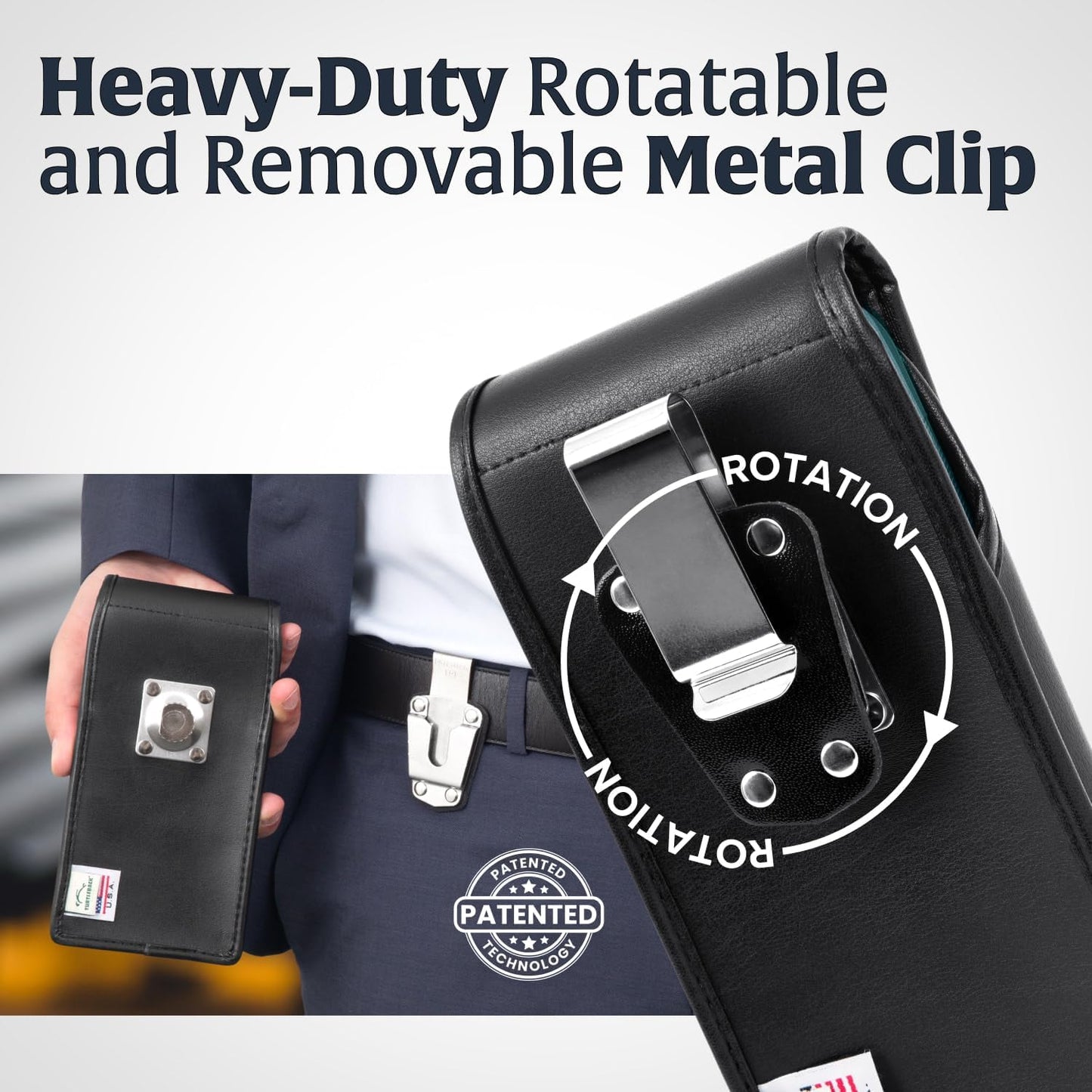 Turtleback Belt Clip for iPhone 16 Pro, 16e, 15 pro 14 Pro 13 Pro -Small- Fits w/Slim MagSafe Style Cases - Premium Black Leather, Vertical Belt Holder, Magnetic Closure, HD Rotating Belt Clip