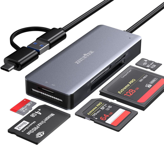 USB C USB3.0 SD Card Reader, 5in1 Multi Card Reader for SD/TF/CF/Micro SD/MS/M2, Drive Free for iPhone 15 pro max/Windows/Mac/Linux/Android (USB3.0 and Type-C)