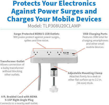 Eaton Tripp Lite Series Desk Clamp Power Strip Surge Protector, 3-Outlets, USB-A & USB-C Charging Ports, 900 Joules, 8ft Braided Flat Extension Cord, Lifetime Manufacturer's Warranty (TLP308U20CLAMP)