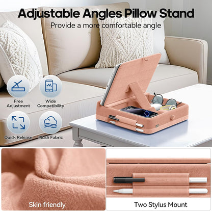 KDD Tablet Pillow Stand with Storage, Foldable iPad Holder for Bed, Lap and Desk, Angle Adjustable Soft Pad Dock with Stylus Mount Compatible with iPad Pro 12.9, 10.5, 11, Air, Mini, Phones, Books
