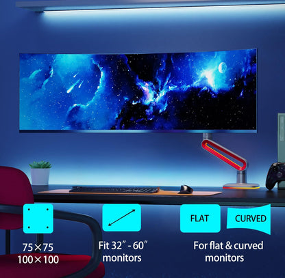RGB Gaming Monitor-arm for Flat/Ultrawide/Curved Monitors 32 to 60 inch, Heavy Duty Stand Load up to 20 kg, VESA 75/100 mm Monitor-Mount L60