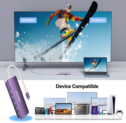 Acodot 9 in 1 USB C Hub - 4K@60Hz HDMI Adapter, 3 USB 3.0 Ports, SD/TF Card Reader, 100W PD, Multiport Adapter for MacBook Pro, Air, HP, XPS, Purple
