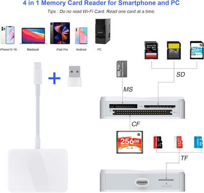 SD Card Reader, 4 in 1 USB C to CF/SD/TF/MS Card Reader with USB to USB C Adapter Memroy Card Reader for iPhone 15/16 Pro Max iPad Pro MacBook Pro/Air iMac M1/M2/M3/M4 Android Phone/Tablet PC