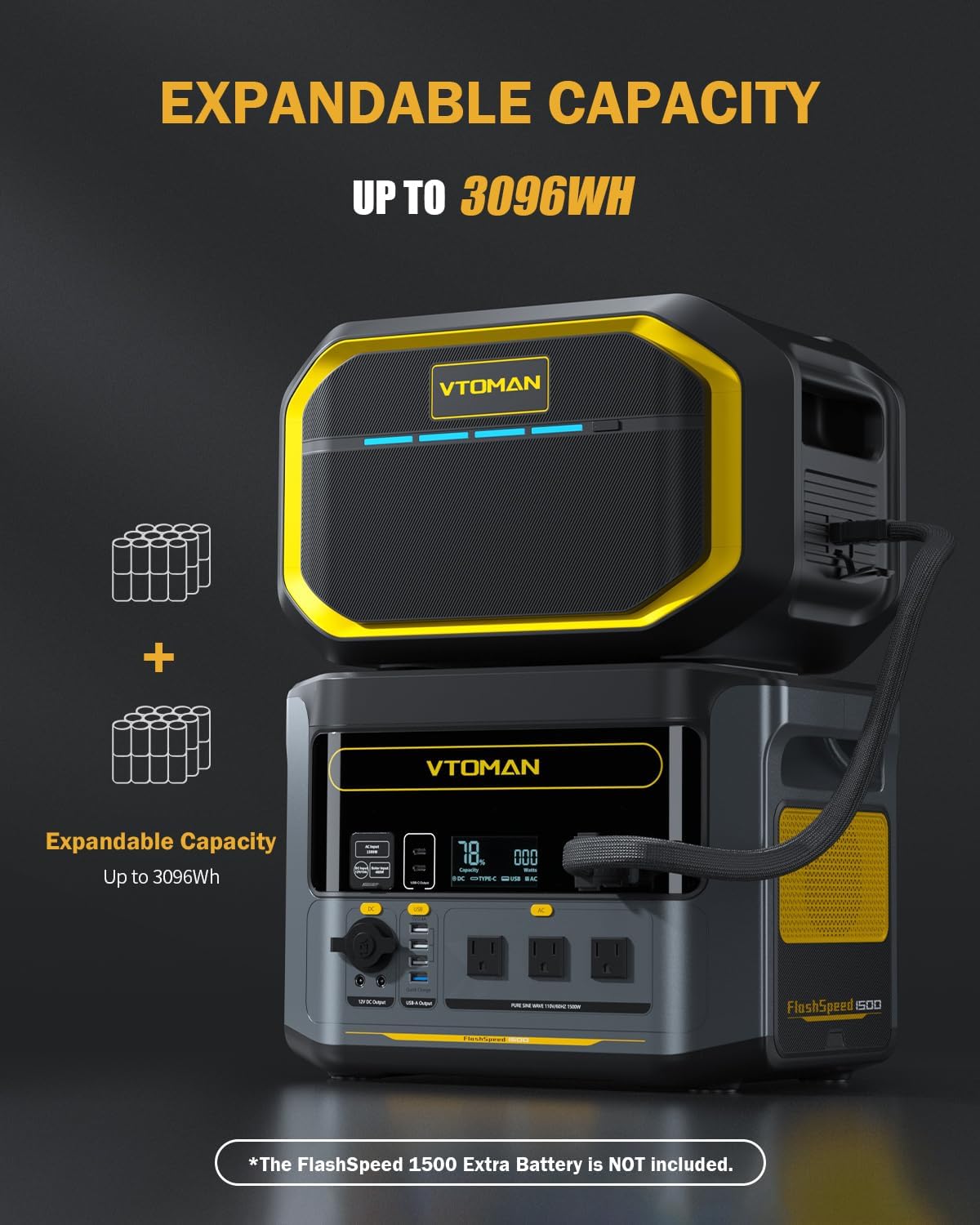 VTOMAN FlashSpeed 1500 Portable Power Station with Extra Battery - 3096Wh/1500W(3000W Peak) Solar Generator with LiFePO4 Battery, 100W USB-C, 60 Min Fast Charging 0-80% for Camping, Backup, RV
