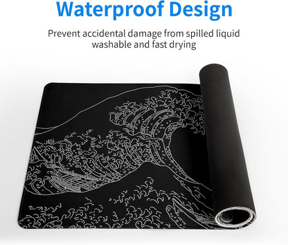Japanese Sea Wave Large Mouse Pad Abstract Black Mouse Pad 31.5x11.8 Inch Black Kanagawa Texture Non-Slip Rubber Base Large Ocean Mousepad Stitched Edge Keyboard Mouse Mat Desk Pad for Office and Home