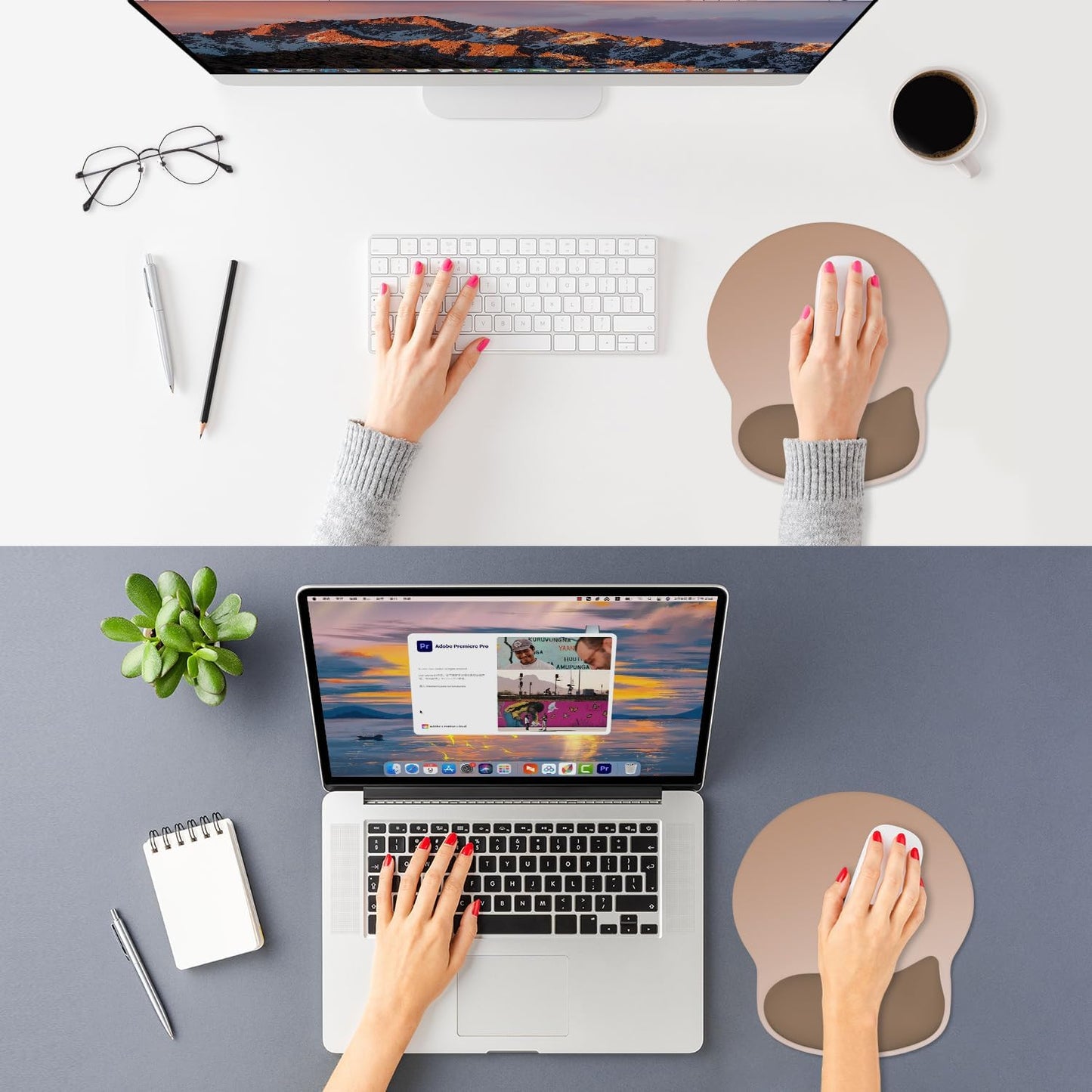 ITNRSIIET Ergonomic Mouse Pad with Wider Memory Foam Wrist Rest +17% - Curved Cushion Reduces Pressure 20%, Pain Relief, Non-Slip, Smooth, Cute Colors, 9.85 x 9 in, Soft Brown Gradient