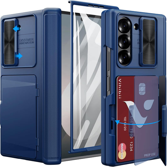 Vihibii for Samsung Galaxy Z Fold 6 Case Wallet with Card Holder & Slide Camera Lens Cover & Screen Protector & Hinge Protection, Durable Rugged Protective Phone Case for Galaxy Z Fold 6 2024, Blue