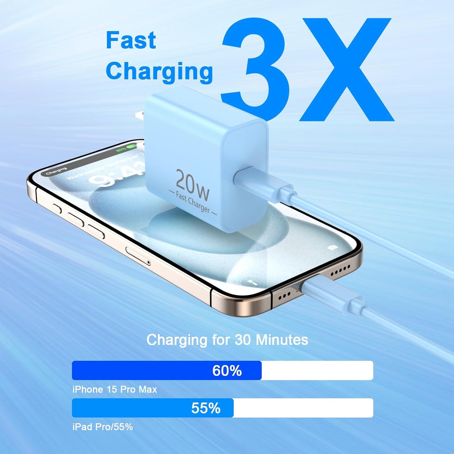 Matsusho iPhone 16 15 Charger Fast Charging 10 FT, 2 Pack 20W USB C Wall Charger with 10FT Type C to C Fast Charging Cable for iPhone 16/16 Plus/16 Pro/16 Pro Max/15/15 Pro/15 Pro Max/15 Plus, Blue