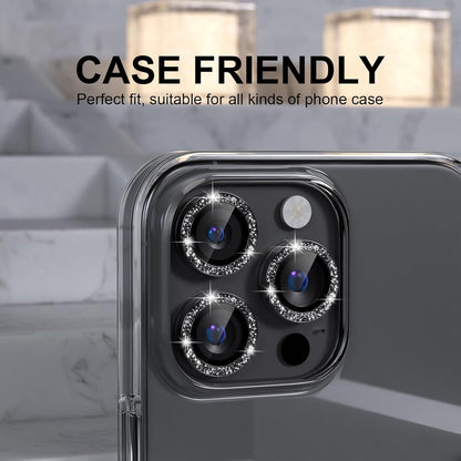 Choiche Compatible for iPhone 16 Pro/iPhone 16 Pro Max Camera Lens Protector Bling, 9H Tempered Glass Camera Cover Screen Protector Metal Ring Decoration Accessories (Glitter-Black)