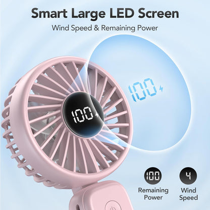 PANERGY Portable Handheld Fan, 5000mAh Rechargeable, 14H Max Cooling Time, 4 Gear Wind & LED Display, 90° Foldable Design, 3-IN-1 Mini Fan for Travel Working Concerts Makeup - Pink