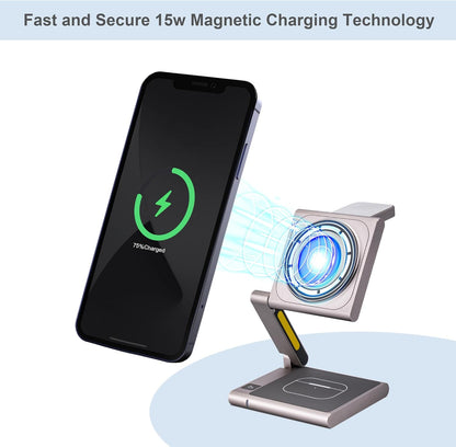 Fast Wireless Charging Station, Foldable for Travel w/Light, Modern All Aluminum Alloy Body, 4 in 1 Charger Compatible with MagSafe for Apple iPhone 16/15/14/13/12, AirPods and Apple Watch [Titanium]
