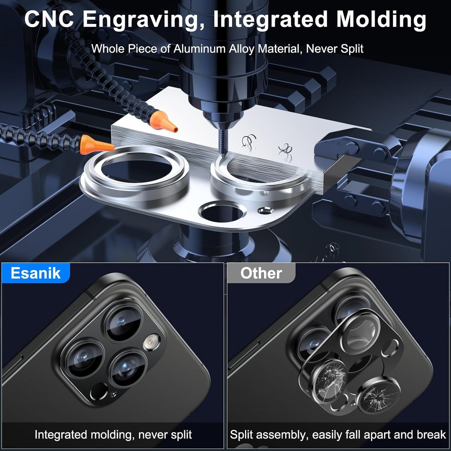 Esanik Upgrade 2 Pack for iPhone 15 Pro/iPhone 15 Pro Max Camera Lens Protector, Aluminum Alloy Metal matte Case Tempered Glass Camera Screen Cover, Scratch Resistant Case Friendly (Black)