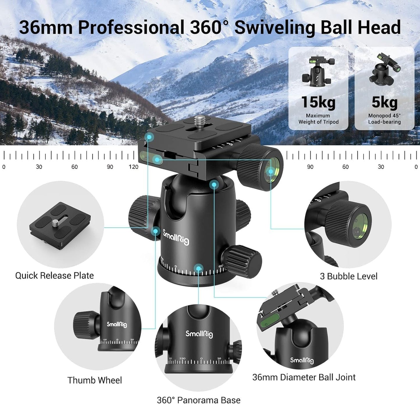 SmallRig CT-20 Camera Tripod, 78.7" Foldable Aluminum Tripod & Monopod, 360°Ball Head Detachable, Payload 33lb (200cm/78.7")
