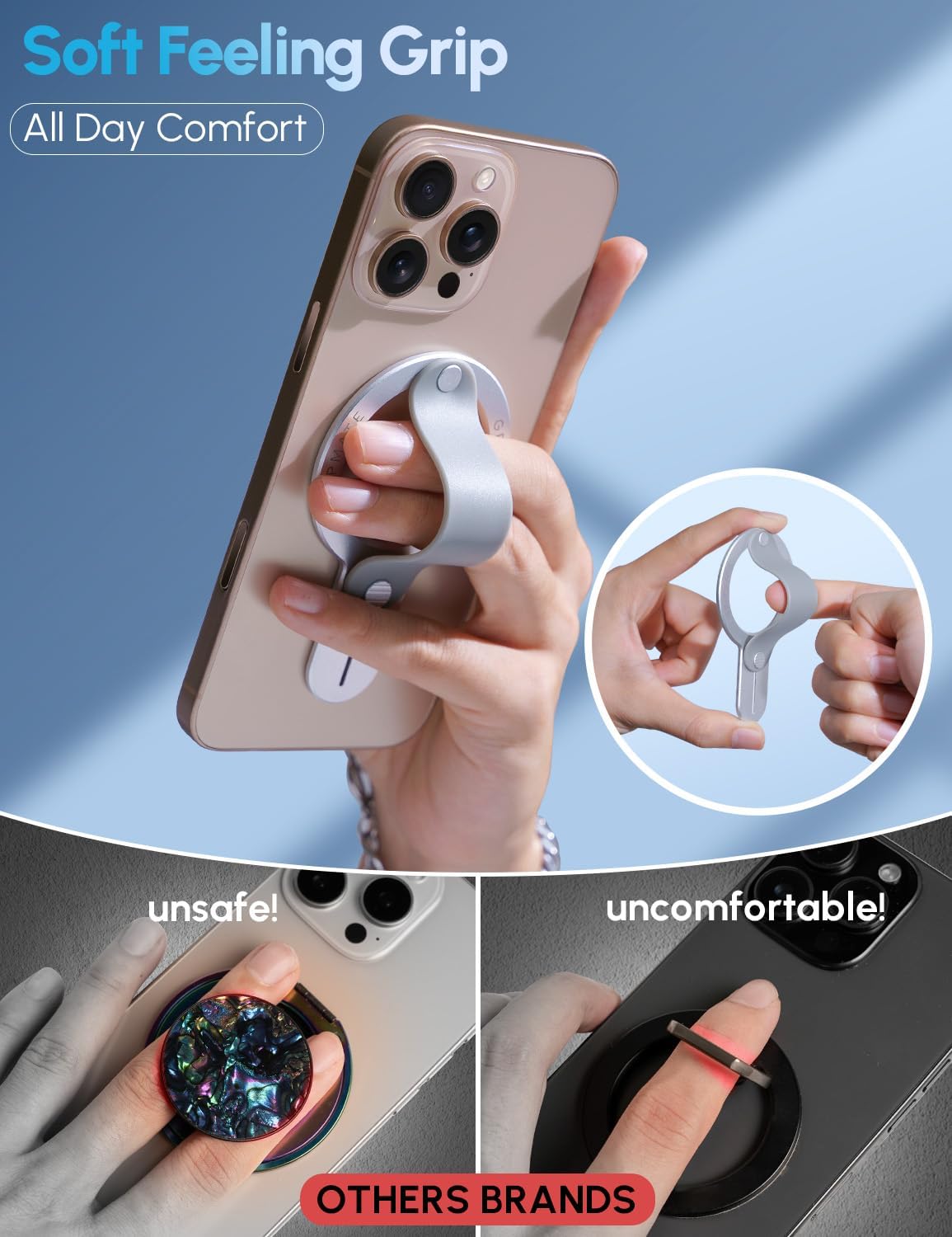 MagSafe Phone Grip for iPhone - Magnetic Phone Ring Holder Detachable for iPhone 16 - Comfortable Finger Phone Loop Grip for Apple 15/14/13/12, Silver