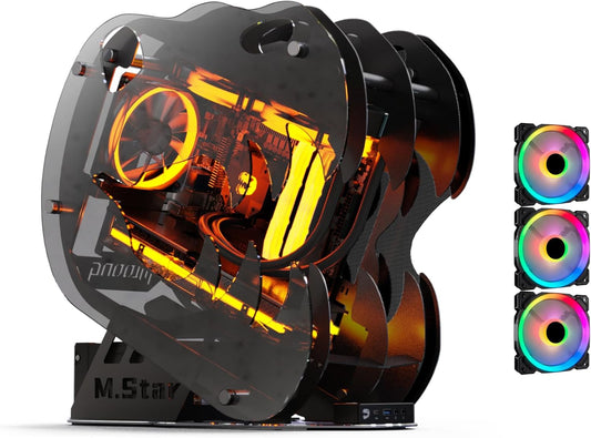 MegaPC Upgraded Open-Frame Mid-Tower Micro-ATX/Mini-ITX Gaming PC Case, Tempered Glass Side Panel, Pre-Installed ARGB PWM Fan, with USB3.0, USB-C, 240mm Radiator Support (Black)