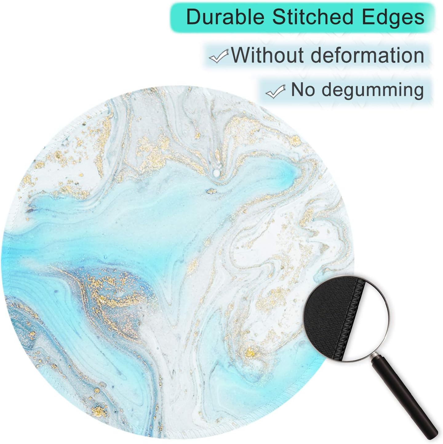 ITNRSIIET Round Mouse Pad with Stitched Edge Premium-Textured Waterproof Non-Slip Rubber Base Desktop Protection Mat Diameter 8.7 inches, Modern Marbling Light Blue