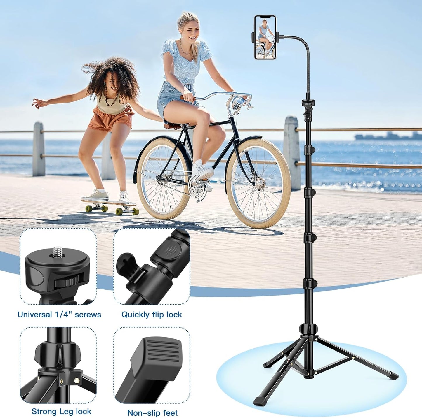 Phone Tripod Stand, 85" Tall Cellphone Tripod for iPhone with Gooseneck Remote, Flexible Portable Phone Stand for Recording, Compatible with iPhone 14 13 12 pro Android Camera