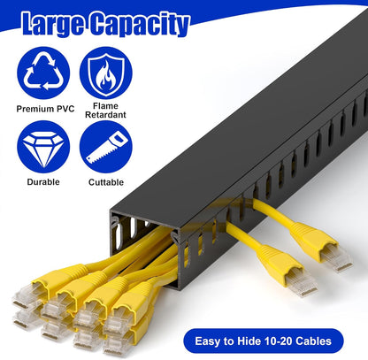63in(4X L15.7in) Professional Server Rack Cable Management Raceway, H1.4 x W1.6in Cable Raceway Kit, Electrically Safe PVC Open Slot Wire Raceway for Under Desk/Computer/Network Cords, Black