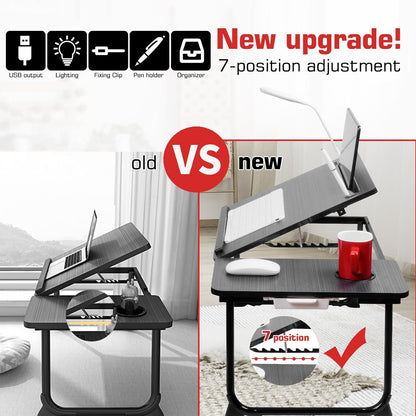 CloudTrip Plus XL Adjustable Laptop Desk with Light, USB Port, iPad Holder, Drawer Storage - Larger 23.6IN Adjustable Lap Desk for Bed, Home Office, Breakfast Tray, Fordable Legs Desk (Black)