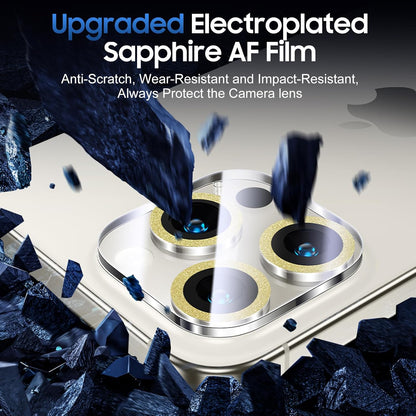 UniqueMe for 3 Pack iPhone 15 Pro/iPhone 15 Pro Max Camera Lens Protector, [Drop Protection] [Case Friendly] 9H Tempered Glass Camera Cover Screen [Update New Version] - Glitter Golden