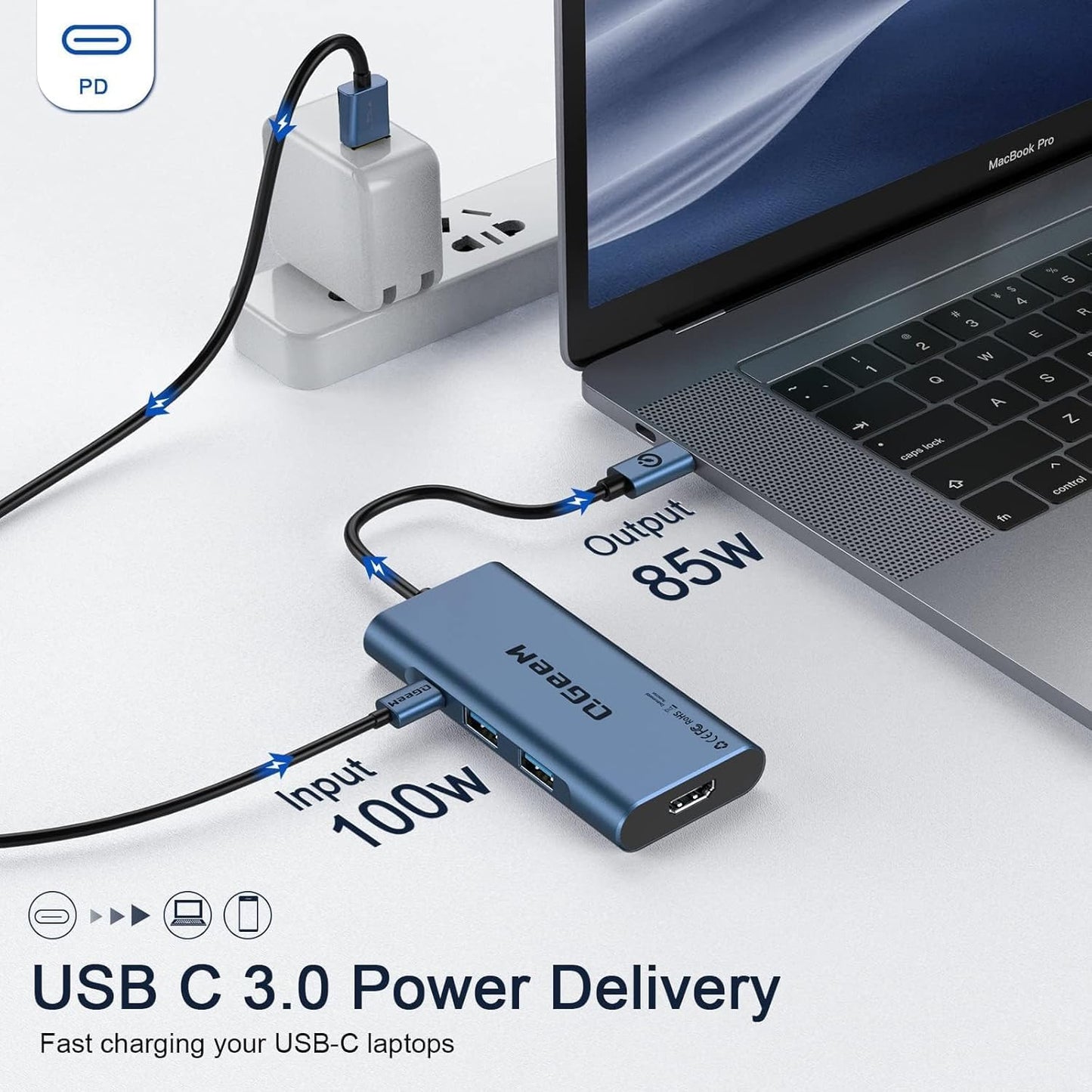 USB C Hub, QGeeM USB 4k to HDMI Adapter, 7 in 1 USB-C Dongle with 100W PD,USB 3.0, Card Reader, Compatible for MacBook iPhone 15/16 Ipad Pro max,Chromebook Laptop USB Type C Dock-Blue