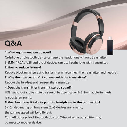 Bluetooth Wireless Over Ear Light Weight Headphone with Low Latency USB Transmitter for TV,PC,3.5mm Audio Device, Stereo Wireless Headset Built-in Microphone for Cell Phone (Rose Gold)