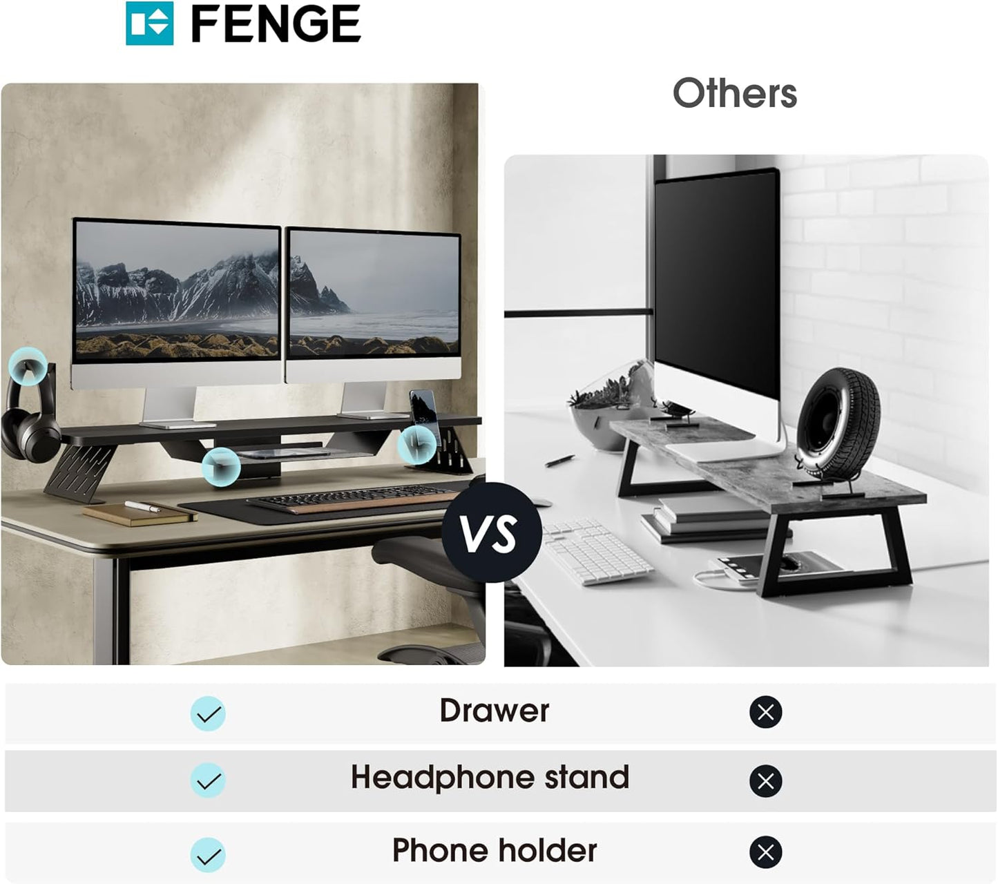 Fenge Dual Monitor Stand, 42.5 Inch Monitor Riser for Desk, Wood Desk Shelf for 2 Monitors, 2 Tier Monitor Shelf with Headphone Stand & Phone Holder