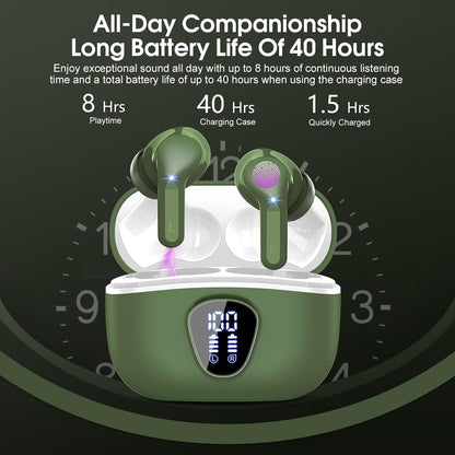 Wireless Earbuds, Bluetooth 5.4 Headphones HiFi Stereo, Bluetooth Earbuds with ENC Noise Cancelling Mic, IP7 Waterproof in Ear Earphones, 48H, LED Display Ear buds for Pad Workout Sports, Retro Green