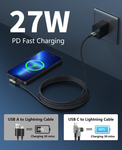 USB C to Lightning Cable 90 Degree 6FT iPhone Charger Cables [Apple MFi Certified] 3Pack Fast Charging Cord, Nylon Braided USB C Lightning Cable Compatible with iPhone 14/13/12/11/Pro Max/Plus/8/7