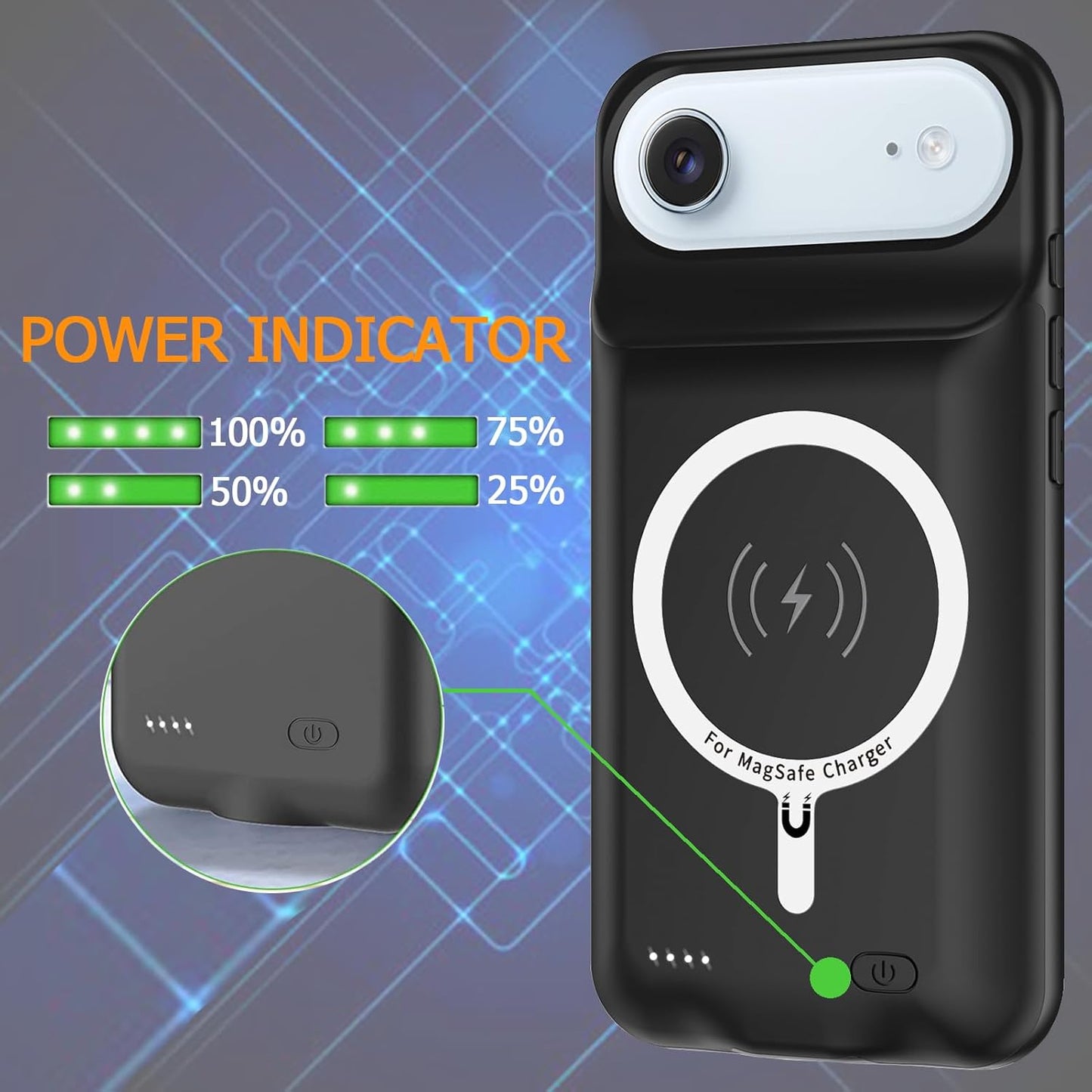 Battery Case for iPhone Air, Upgraded 12000mAh Rechargeable Portable Extended Battery Pack Supported Qi Wireless Charging Case Compatible with iPhone Air(6.5 inch) Charger Cover Power Bank (Black)