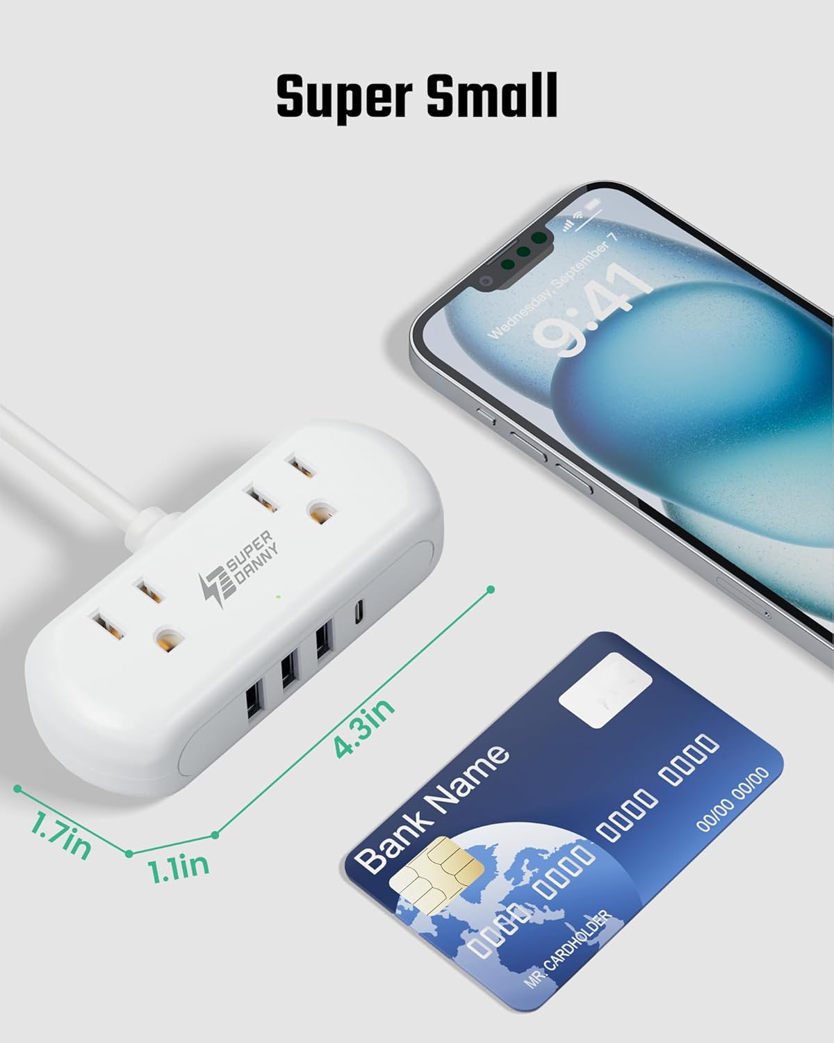 SUPERDANNY Power Strip with USB, Mini Desktop Charging Station with 2 Wide-Spaced Outlets & 4 USB Ports, 2ft Portable Flat Plug Extension Cord for Travel, Dorm, Room, Home Office Essentials, White