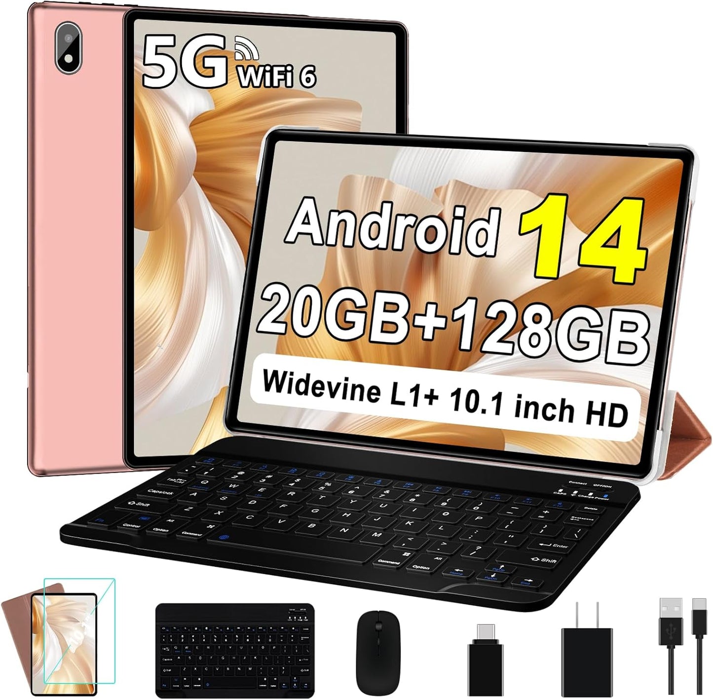 Android 14 Tablet 10 Inch Tablets, 20GB+128GB/1TB Expandable, Tablets with Octa-Core, WiFi 6, Dual Camera, BT 5.0, 6000mAh Battery, HD IPS Display, Widevine L1, Tablet with Keyboard Mouse - Rose Gold