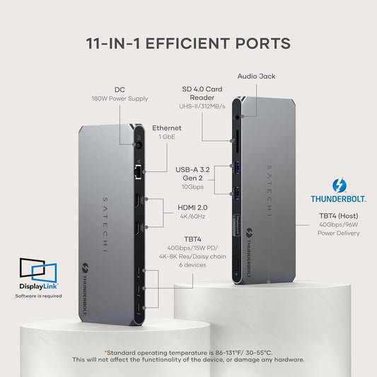 Satechi Thunderbolt 4 Dock 100W Charging, Dual Monitor HDMI 4K/60Hz, 40Gbps Data Transfer, 2 USB-A 3.2, Ethernet, Thunderbolt 4 Dock for MacBook Air/Pro M4, Mac/Windows, DisplayLink Software Required