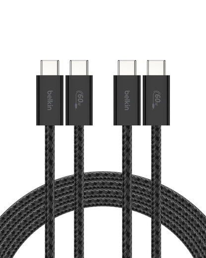 Belkin USB C to USB C Cable 2-Pack, 6.6ft, 60W - Type C Charger, iPhone Charger Cord, Soft, Braided, Flexible for iPhone 16, Galaxy S25, Pixel 9, Airpods, iPad Pro & More, Travel Essentials - Black