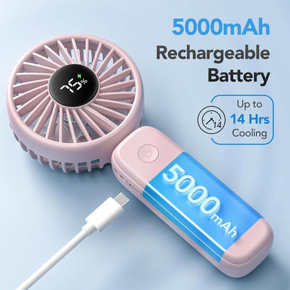 PANERGY Portable Handheld Fan, 5000mAh Rechargeable, 14H Max Cooling Time, 4 Gear Wind & LED Display, 90° Foldable Design, 3-IN-1 Mini Fan for Travel Working Concerts Makeup - Pink