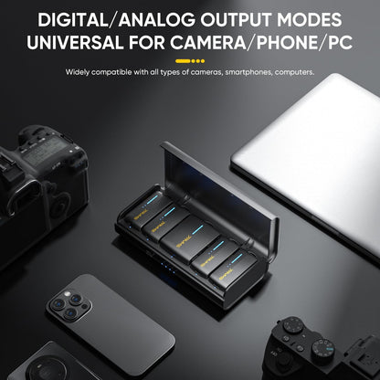 7RYMS iRay DW40 4-Channel Wireless Microphone for Cameras, Camcorders, iPhones, Android Phones, Wireless Lavalier Microphone -Noise Canceling, 656ft Range, 12.5H Working, Lav Mic for Video Recording