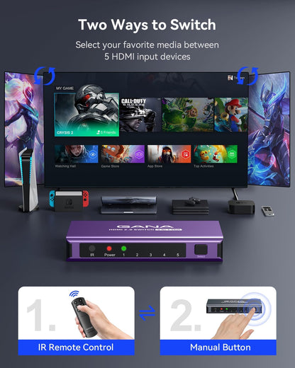 HDMI Switch 5 in 1 Out 4K@60Hz, GANA HDMI Splitter Switcher with Remote, Aluminum HDMI 2.0 Switch Box Hub for 3D, HDCP2.2, HDR, Compatible with Xbox, PS5/4/3,Fire Stick,Roku,Blu-Ray Player, Purple
