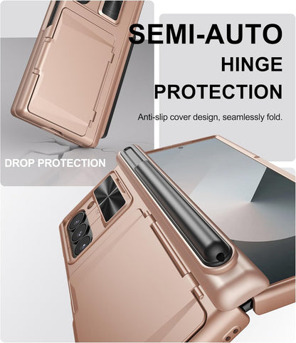 for Samsung Galaxy Z Fold 6 Case with Card Holder & S Pen Holder & Screen Protector & Slide Camera Protection & Hinge Protection, Shockproof Wallet Phone Case for Z Fold 6 5G 2024, Rose Gold