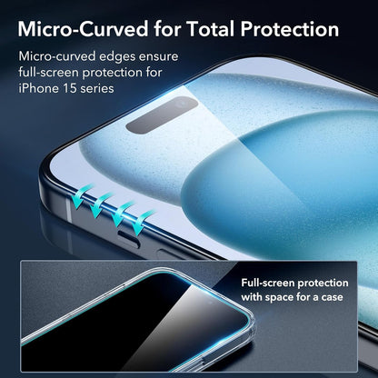 ESR 3+1 Pack for iPhone 15 Screen Protector, [9H Hardness] [Military Grade Shatterproof] Full Coverage Ultra-tough Tempered Glass Film with Easy Installation Frame, 1 Set of Camera Lens Protector