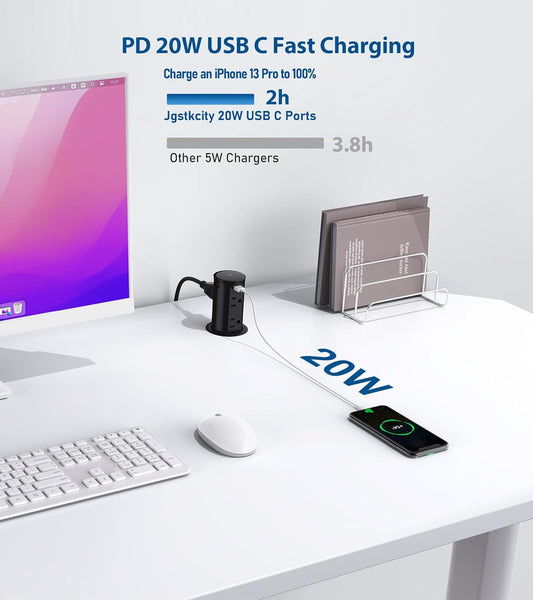 Pop up Outlet for Countertop,2.5 Inch Hole Desktop Power Grommet,Recessed Power Strip,20W USB C Fast Charging,4 Outlets 4 USB Ports,15Amp Tamper Resistant Receptacle for Home,Kitchen,Office Black