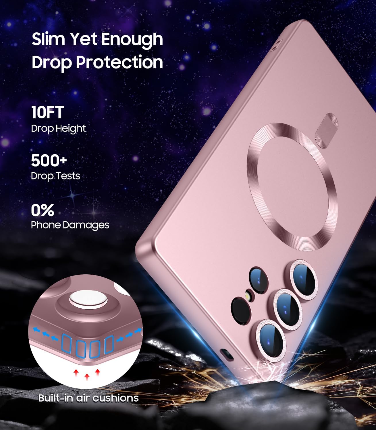 Magnetic for Samsung Galaxy S25 Ultra Case [Compatible with MagSafe][Built-in Camera Lens Protector] Slim Soft Silicone Bumper Shockproof Metallic Luster Phone Shell (Rose Gold)