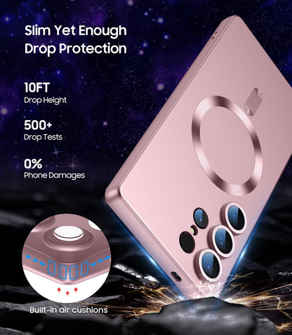 Magnetic for Samsung Galaxy S25 Ultra Case [Compatible with MagSafe][Built-in Camera Lens Protector] Slim Soft Silicone Bumper Shockproof Metallic Luster Phone Shell (Rose Gold)