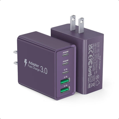 [2Pack] 50W USB C Plug,5-Port Fast Charger Block PD+QC Cube Wall Charging Box Brick for iPhone 16/15/14/13 for Samsung Galaxy S24/S23/S22/S21+/S21 Ultra, Magsafe Wireless Charger,(Purple)