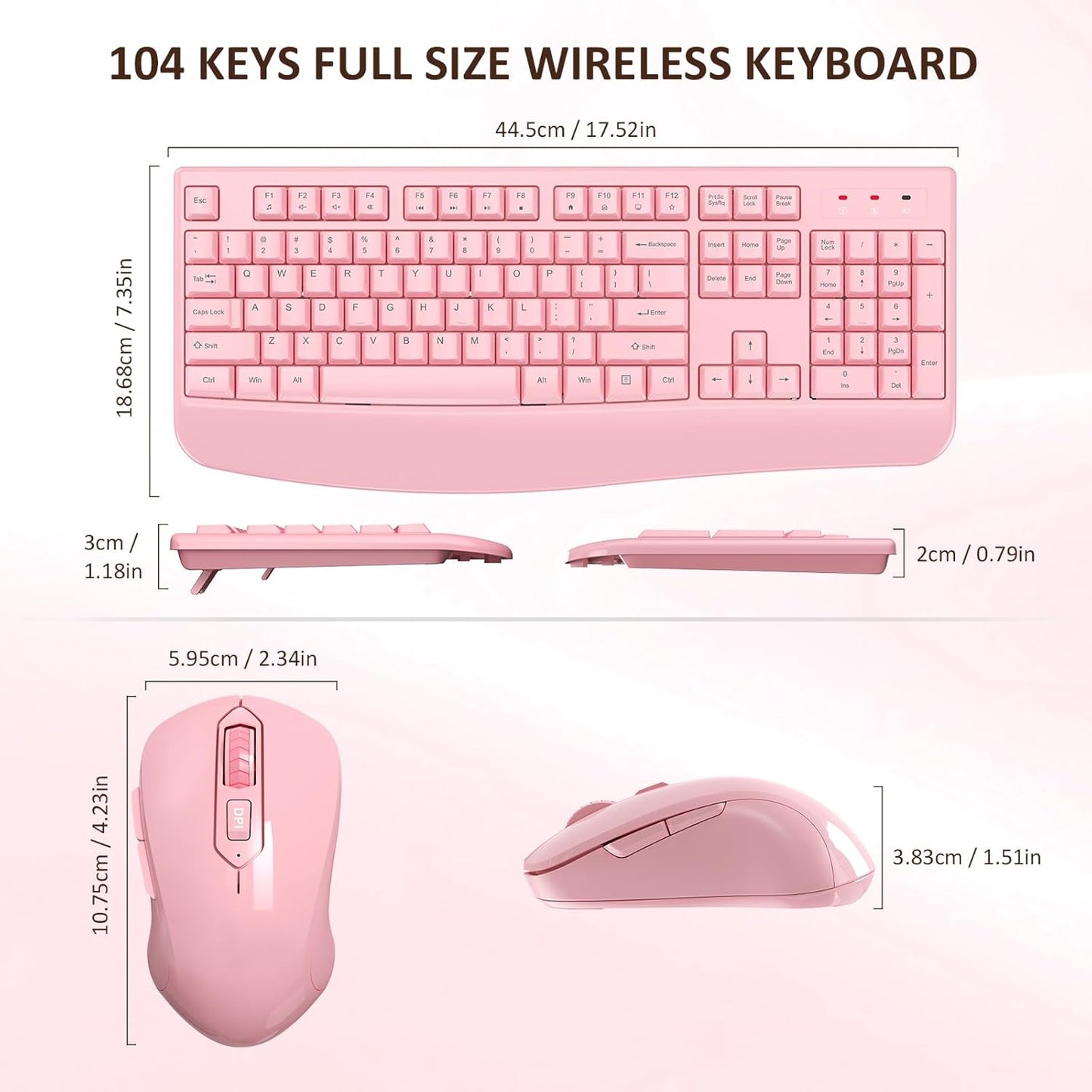 Wireless Keyboard and Mouse Combo, EDJO 2.4G Full-Sized Ergonomic Computer Keyboard with Wrist Rest and 3 Level DPI Adjustable Wireless Mouse for Windows, Mac OS Desktop/Laptop/PC (Pink)