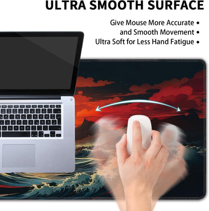 Japanese Sea Wave Large Mouse Pad,Gaming Keyboard Desk Pad,Extended Mouse Mat Non-Slip Rubber Base with Stitched Edges for Office Game Home XXL 35.4"x15.7"