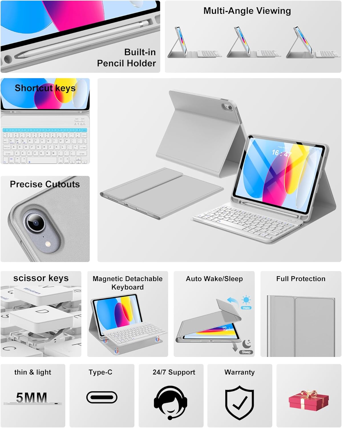 Keyboard Case for iPad 10th Generation 2022 10.9-inch - Rechargeable Detachable Wireless Bluetooth Keyboard - Smart Folio Cover with Pencil Holder for 10.9 inch Apple iPad 10th Generation, Grey