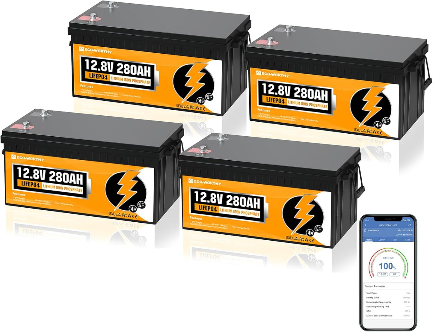 ECO-WORTHY 48V 280Ah (4 Packs) LiFePO4 Lithium Battery with Bluetooth, Low-Temp Protection, 6000+ Deep Cycles, 14.34kWh Energy, for RV, Off-Grid, Solar Power System, Home Backup, Back up Power, Marine