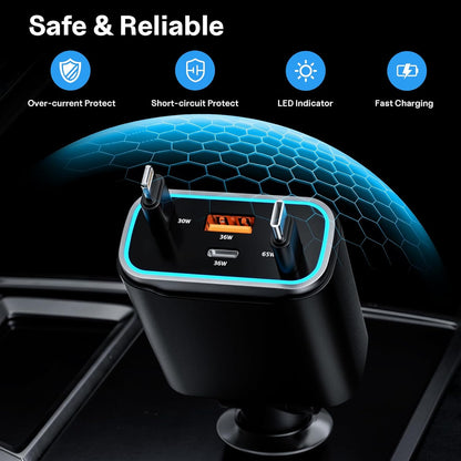 iPhone Car Charger, 4 in 1 Retractable Fast Car Phone Charger Adapter 131W, Retractable Cables (31.5 inch) & 2 USB Ports for iPhone 16/15/14/13/12/11 Pro/Samsung