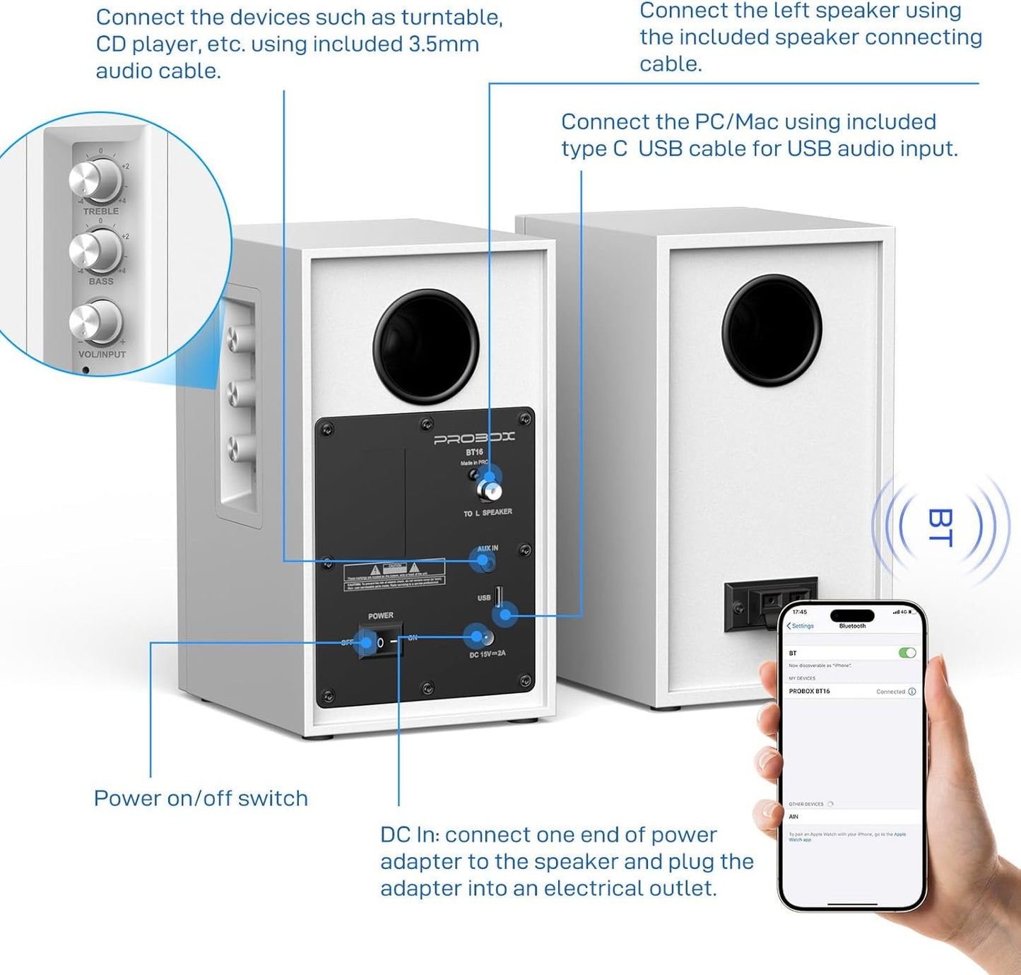 BT16 Active Bookshelf Speakers 3.5" Woofer with 1" Tweeter, 60W RMS-Bluetooth 5.3, Built-in 24bit DAC Dynamic 3D 2.0 Surround Sound, Computer Gaming PC Speakers - White